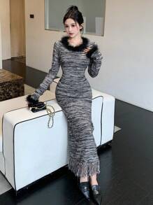 DAZY Women's Patchwork Furry Long Sleeve Sweater Dress - Grey - View 3