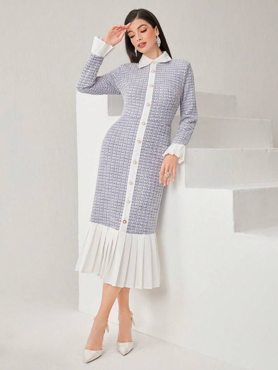 Modelyn 女款拼色羈扣細節百褶下擺連身裙 - 淡紫色 - 查看 1