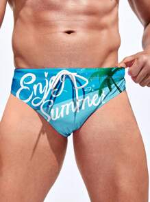 Men's Coconut Tree Printed Drawstring Swim Trunks - Black - View 1