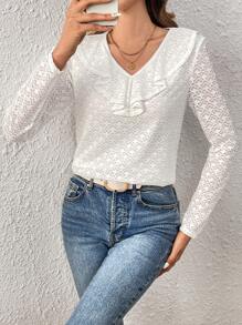 SHEIN Frenchy Ladies' Lace Short Sleeve T-Shirt With Ruffle Hem - White - View 3
