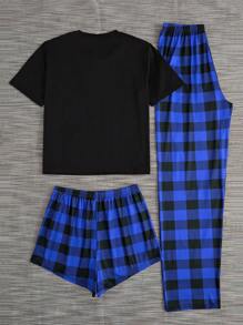 SHEIN Women's Round Neck Short Sleeve T-Shirt And Gingham Shorts & Pants Pajama Set - Blue - View 2