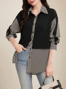 EMERY ROSE Striped Patchwork Long Sleeve Shirt,Long Sleeve Tops Fall Cloth For Women