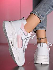Women's White & Pink Patchwork Sneakers, Thick Sole Sport Shoes With Letter Decorated Lace - Multicolor - View 3