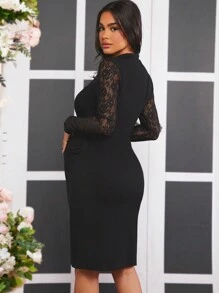 SHEIN Maternity Lace Patchwork Mini Stand Collar Dress - Black - View 2