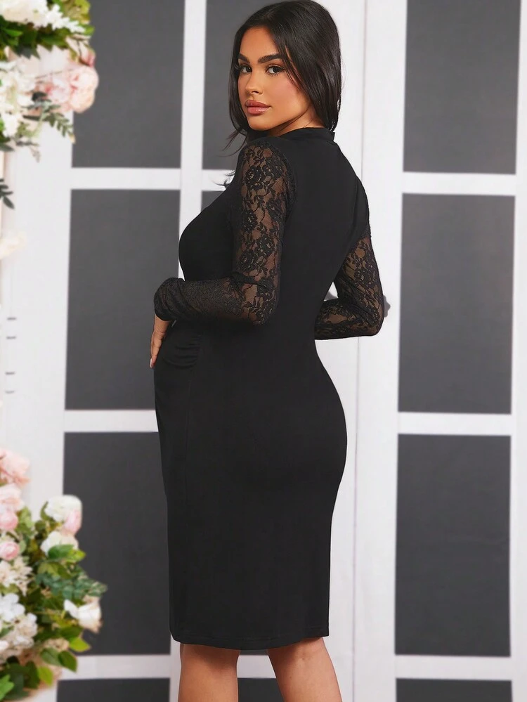 Maternity Lace Patchwork Mini Stand Collar Dress