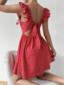 SHEIN WYWH 女款愛心印花後繫帶荷葉邊連身裙 - 紅色 - 查看 3