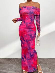 SHEIN Privé Women's Floral Print Off Shoulder Slim Fit Fish Tail Hem Dress - Multicolor - View 4