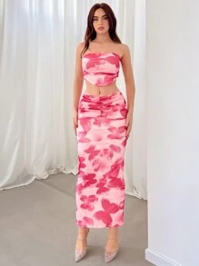 Aloruh Valentine's Day Women's Full Butterfly Print Bandeau Top & Fishtail Skirt Set, Suitable For Holidays & Dates