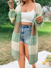 Sunnyshic Women'S Plus Size Color Block Drop Shoulder Cardigan - Green - View 3
