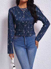 SHEIN LUNE 女士花卉印花長袖t恤 - 藏蓝色 - 查看 4