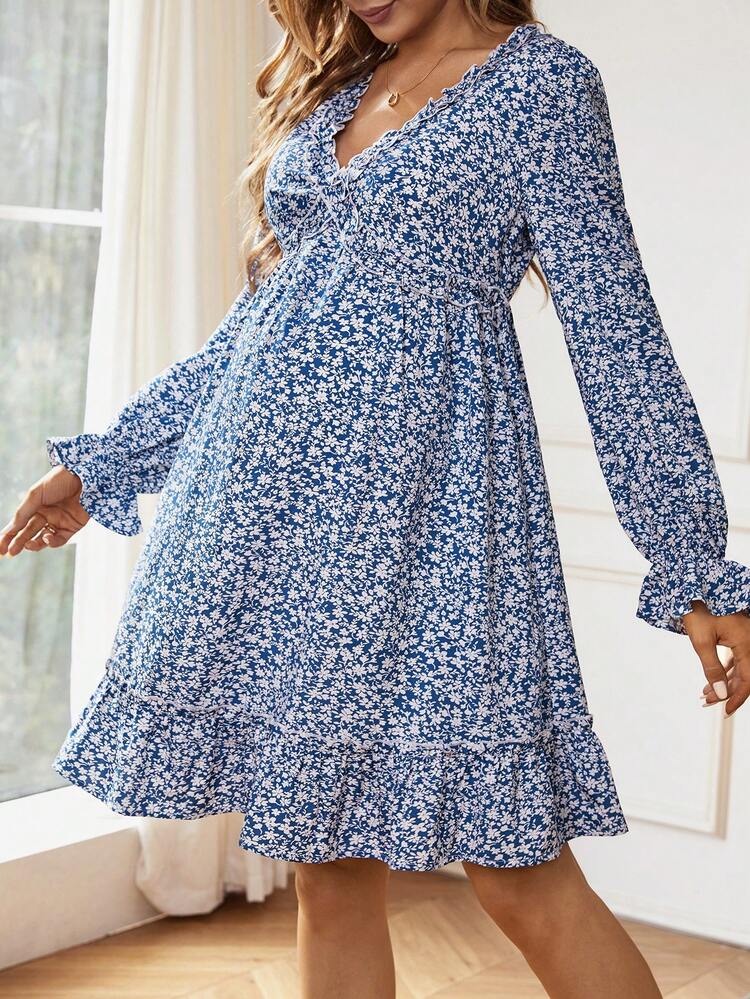 Maternity Ditsy Floral Print Ruffle Trimmed Dress