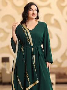 Al Najma Plus Size Flower Embroidery Patchwork Dress Kaftan Jalabiya Dress - Dark Green - View 7