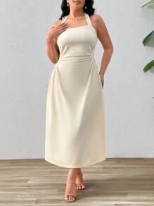 SHEIN Privé 大尺碼女士露背褶皺淺杏色a字裙,優雅且適合日常/約會 - 杏色 - 查看 1