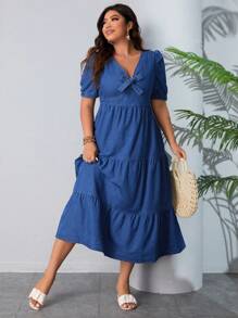 Breezaya Kích thước lớn Ngắn tay Đầm Denim Với Chi tiết nút thắt - Màu xanh lam - Xem 4