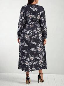 RueChic Plus Size Floral Print Wrap Dress With Knot Detail And Side Slit - Multicolor - View 3