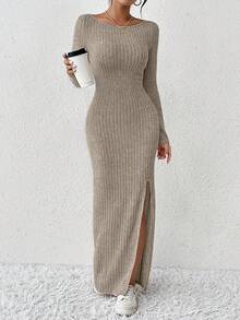 SHEIN Frenchy Women's Solid Color Ribbed Knit Slit Bodycon Dress - Apricot - View 6