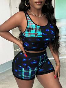 Slaydiva Plaid Pattern Slim Fit Cropped Tank Top And Shorts Set - Royal Blue - View 3