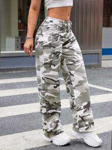 SHEIN ICON Low Waist Camouflage Water Washed Straight Leg Jeans - Multicolor - View 4