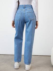 RueChic Teen Girls' Straight Leg Jeans With Ripped Details And Slanted Pockets - Blue - View 2