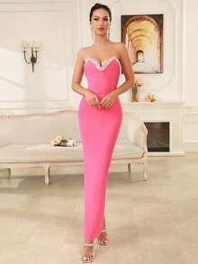 Modphy 女性鑲鑽散開式無肩紅地毯晚禮服 - 玫紅色 - 查看 4