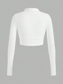 SHEIN Sports 純色拉鍊開襟半扣合修身運動衫 - 白色 - 查看 10