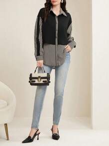 EMERY ROSE Striped Patchwork Long Sleeve Shirt,Long Sleeve Tops Fall Cloth For Women