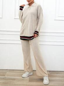 RueChic Women's Striped Patchwork Long Top And Pants Two-Piece Set - Beige - View 4