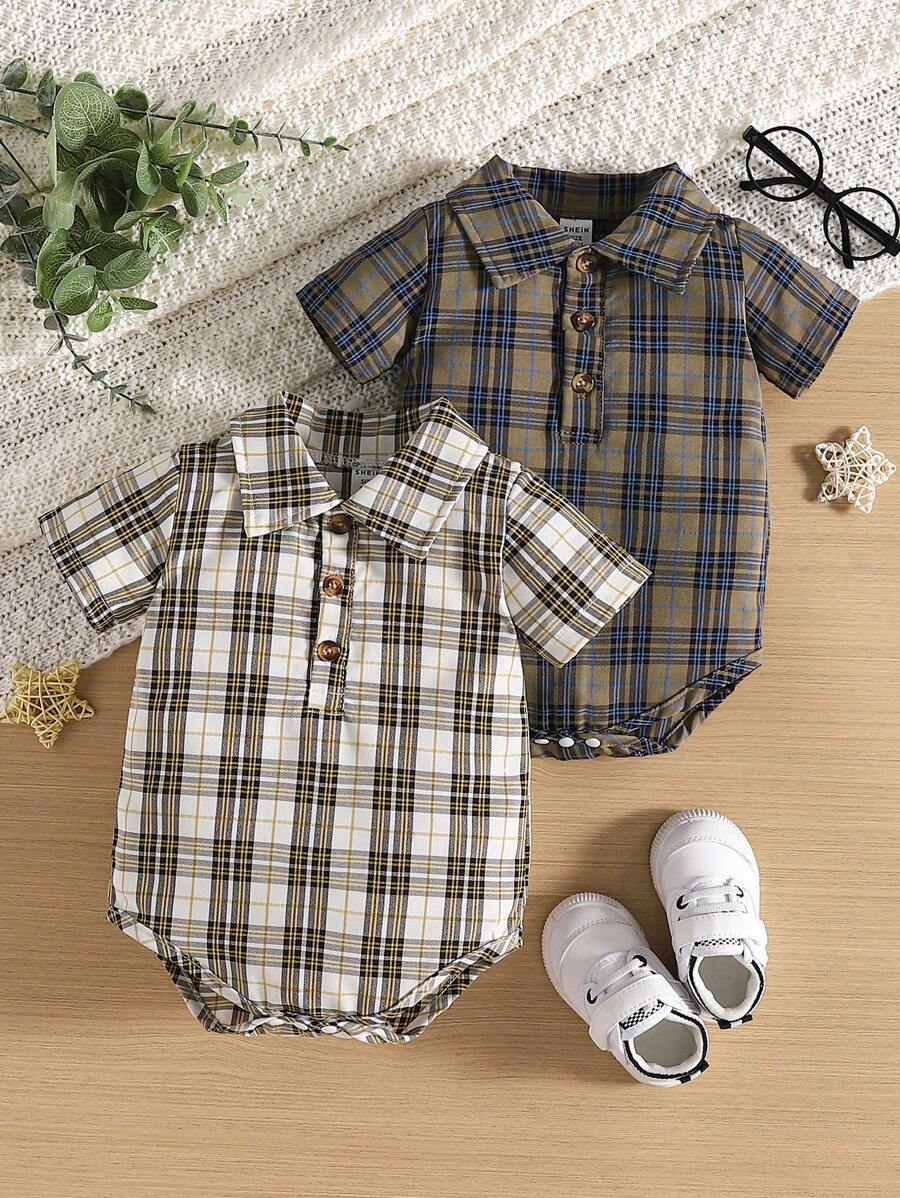 SHEIN Vintaside Kids Bộ đồ liền thân sơ mi kẻ sọc ngắn tay cho bé trai 2 món/bộ cho mùa xuân/hè, giáng sinh - Nhiều màu - Xem 1