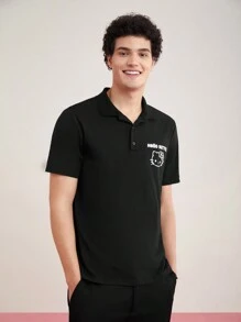 HELLO KITTY AND FRIENDS | SHEIN Men Letter & Cartoon Print Short Sleeve Polo Shirt - Black - View 4