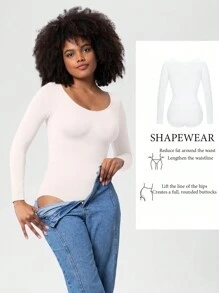 Quý cô Màu thuần Tay áo dài Áo liền quần chặt Cho Định Hình Cơ Thể - trắng - Xem 1