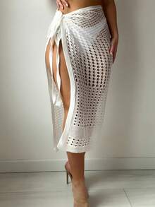 打結側空心針織裙裝音樂節遮陽裙 - 白色 - 查看 4
