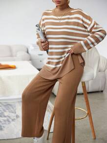 EURMUSE 女性對比條紋毛衣和純色褲子套裝 - 駝色 - 查看 1