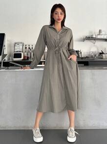 DAZY Women'S Solid Color Drawstring Waist Dress - Green - View 3