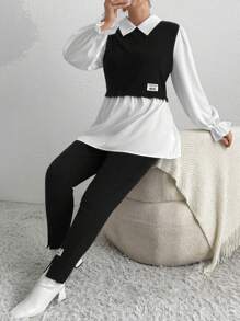 SHEIN Essnce 大码春夏装新款时尚休闲拼接拼色长袖两件套 - 黑與白 - 查看 5