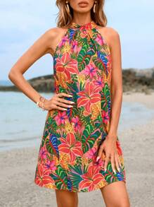 SHEIN VCAY Vestido De Mujer Para La Playa De Verano Con Cuello Halter Y Estampado Floral De Primavera Y Espalda Descubierta - Multicolor - Ver 1