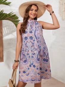 SHEIN VCAY Women's Plus Size Printed Sleeveless Loose Casual Dress - Dusty Pink - View 1