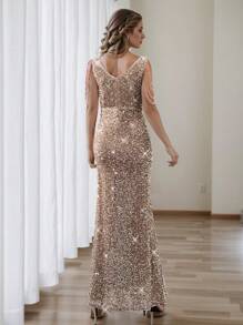 HOMEYEE V 领无袖串珠亮片装饰玫瑰金长款晚礼服/鸡尾酒会/派对/夜总会礼服优雅正式舞会婚礼宾客礼服，适合毕业典礼、晚宴