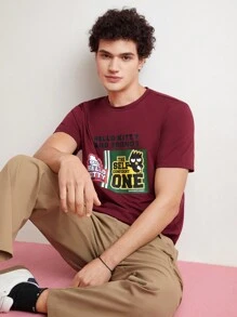 HELLO KITTY AND FRIENDS | SHEIN 男款卡通印花短袖t卹 - 酒紅色 - 查看 7