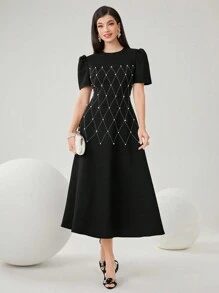 Modelyn 女式仿珍珠装饰短款泡泡袖连衣裙长款晚礼服 - 黑色 - 查看 4