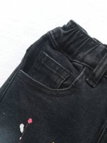 SHEIN Explorewe Young Boy Cool Street Style Star Print Đầy màu sắc Splatter Đen Washed Đàn hồi eo Quần jean co giãn - màu đen - Xem 5