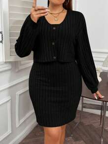 Flirla 女性加大碼純色肋紋連裙裝