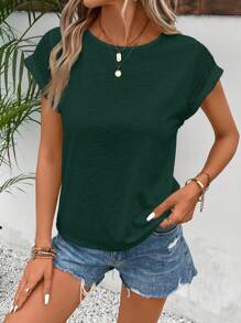 SHEIN Frenchy Màu thuần Ngắn tay Áo thun Với Ren Nối - Màu xanh lá cây đậm - Xem 5