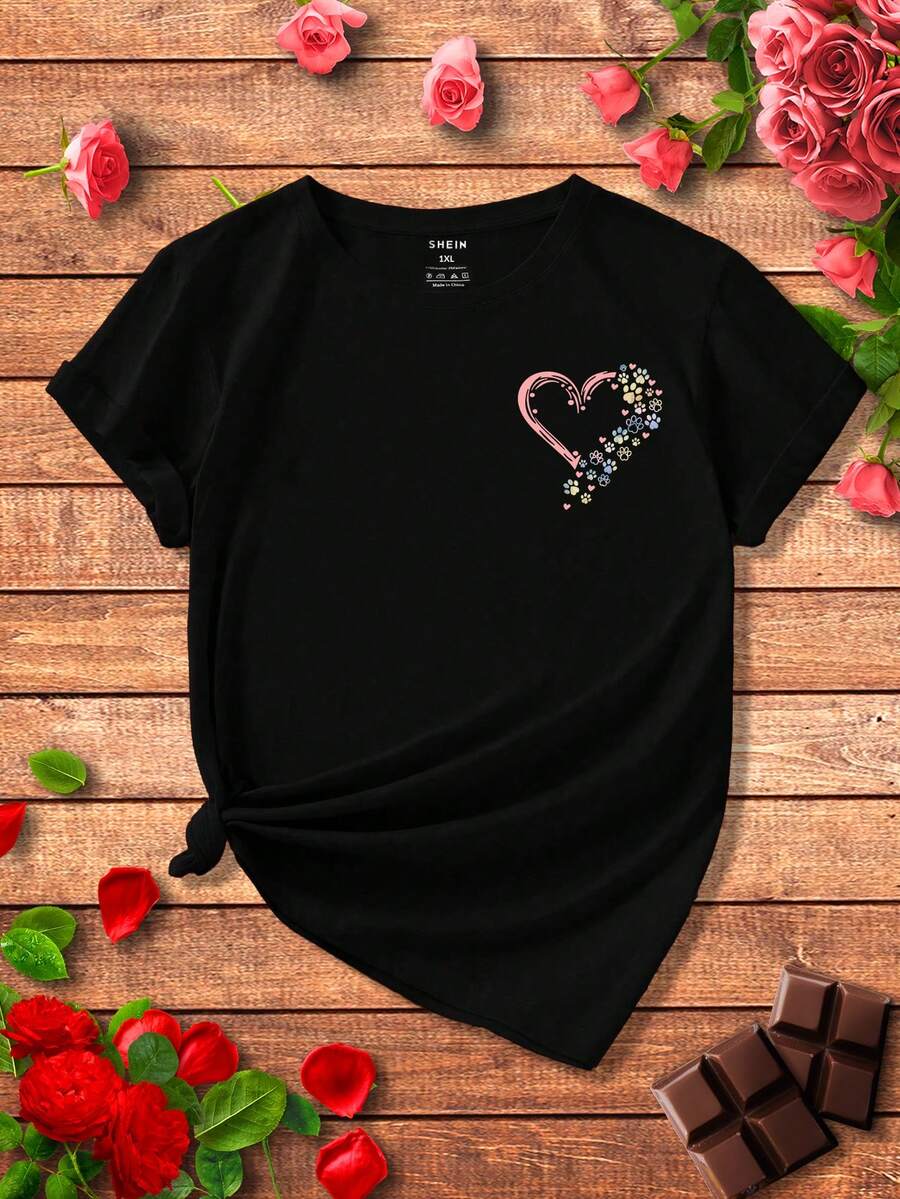 SHEIN LUNE 女士加大碼心形印花圓領短袖t恤 - 黑色 - 查看 1