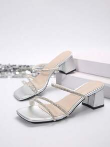 Fairy-Style Square Toe Thick Heel Sandals For Women, Fashion Versatile Multi-Strap Rhinestone High Heels, Suitable For Date, Shopping, Party, Gathering, Commute, Business,Spring Summer Outfits - Silver - View 6