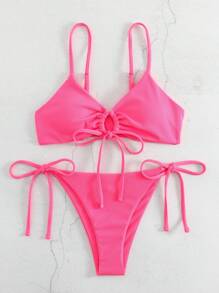 SHEIN Swim 分開式上下身比基尼套裝,無鋼圈和側邊扣帶丁字褲,適用於音樂節 - 玫紅色 - 查看 5