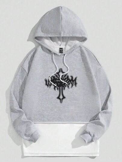 ROMWE MEN Street Life Men'S Cross Printed Color Block Drawstring Hooded Drop Shoulder Sweatshirt