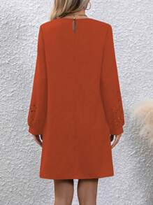 SHEIN Clasi 純色中空燈籠袖連衣裙 - 橘色 - 查看 2