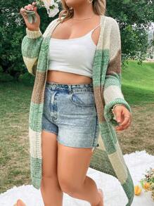 Sunnyshic Women'S Plus Size Color Block Drop Shoulder Cardigan - Green - View 4