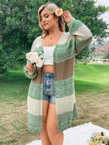 Sunnyshic Women'S Plus Size Color Block Drop Shoulder Cardigan - Green - View 5