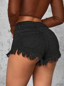 SHEIN SXY Fringed Hem Denim Shorts - Black - View 2